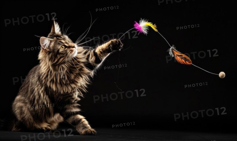 Maine Coon cat playfully batting at a feather toy in a studio setup AI generated