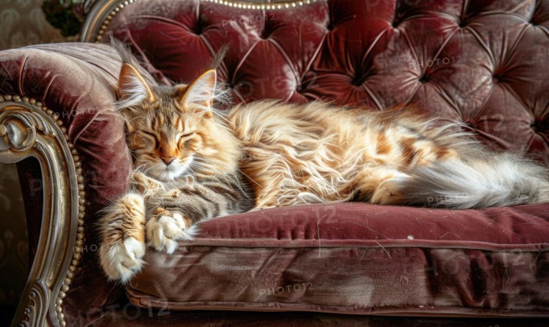 Maine Coon cat with luxurious fur reclining on a plush velvet sofa AI generated