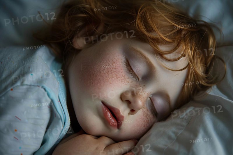 Sleeping young boy child with red hair and freckles. KI generiert, generiert, AI generated