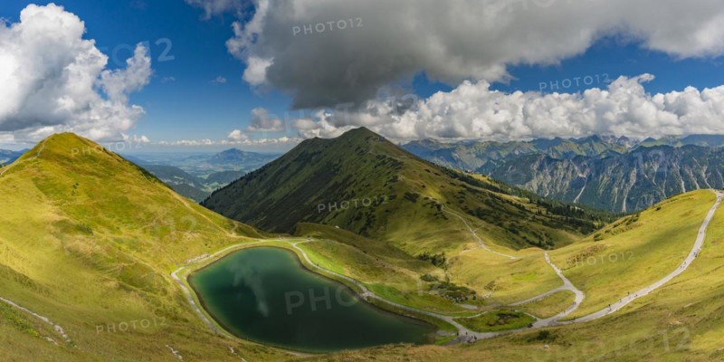 Riezler Alpsee, an artificial lake, snow pond, feeds the snow cannons that provide complete snow cover for the Fellhorn and Kanzelwand cable car slopes, Fellhorn behind, 2038m, Allgaeu Alps, Bavaria, Germany, Europe