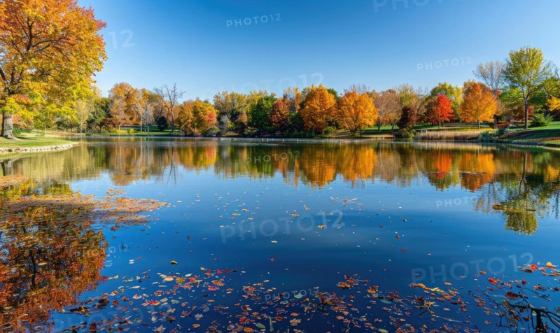 The lake adorned with colorful autumn foliage AI generated