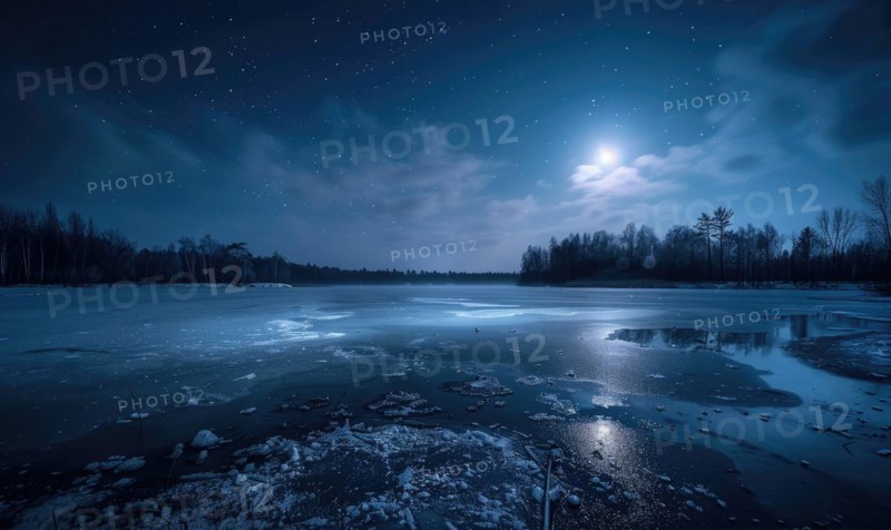 A frozen lake bathed in the soft glow of the moonlight AI generated