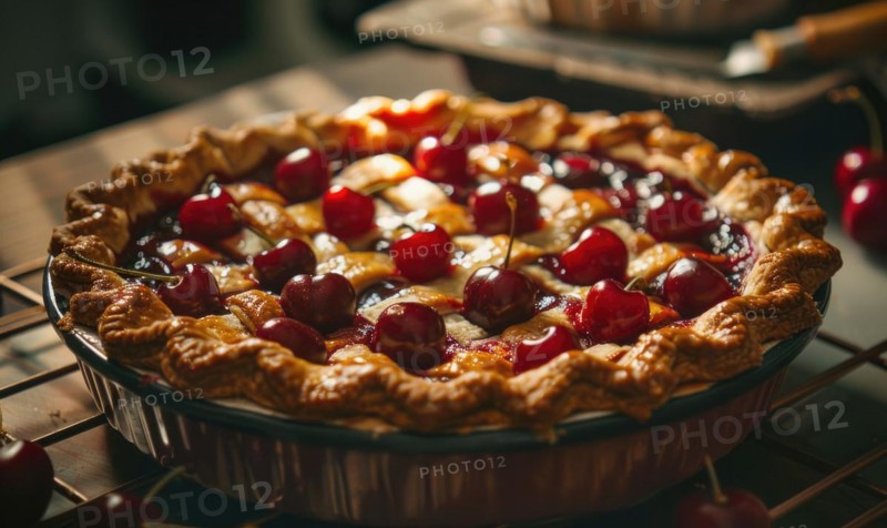Closeup view of cherry pie with fresh cherries AI generated