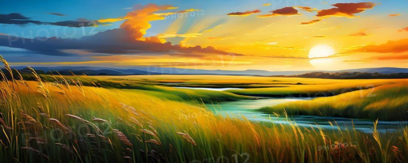 AI generated abstract painting of grasslands under a blazing sunset waves of greens