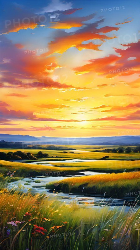 AI generated abstract painting of grasslands under a blazing sunset waves of greens