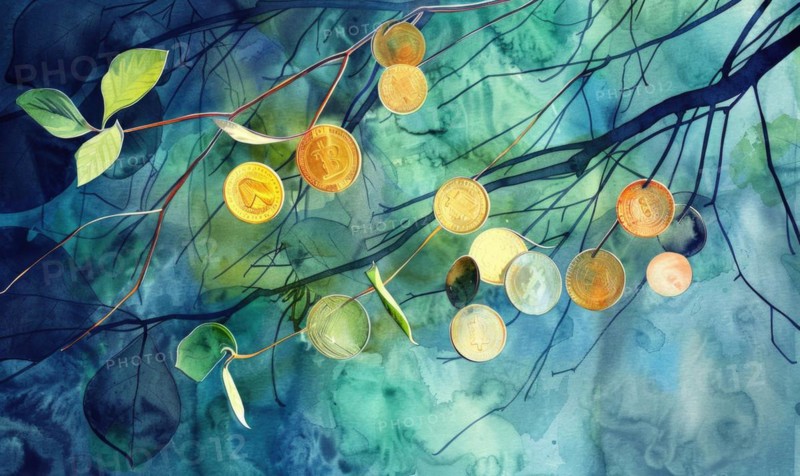 Vibrant watercolor painting of money coins hanging from branches of a tree sprout AI generated