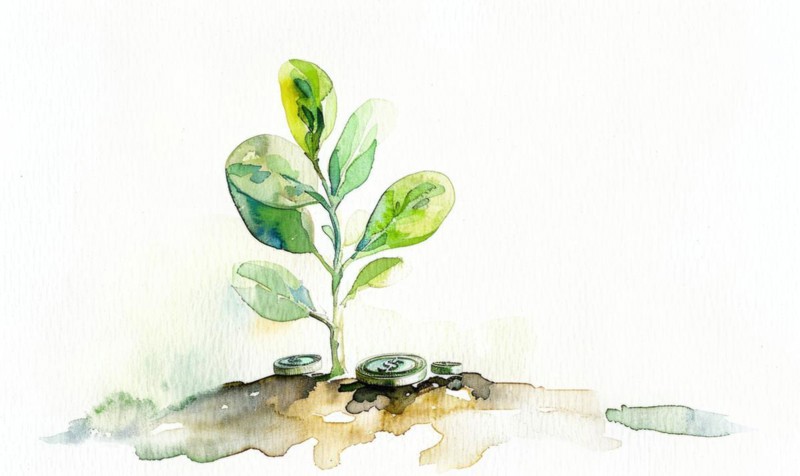 Watercolor illustration of money coins growing on a tree sprout AI generated