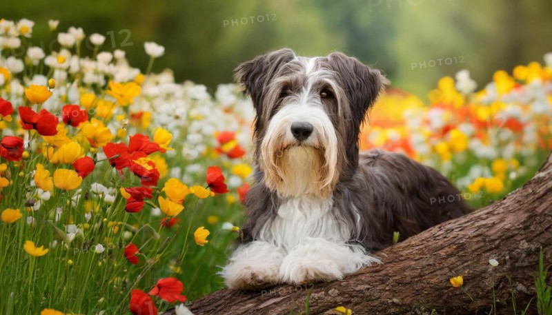 Ai generated, animal, animals, mammal, mammals, a, single animal, bobtail, (Canis lupus familiaris), dog, dogs, bitch, dog breed from England, a single animal, lies on a tree trunk, portrait, freontal
