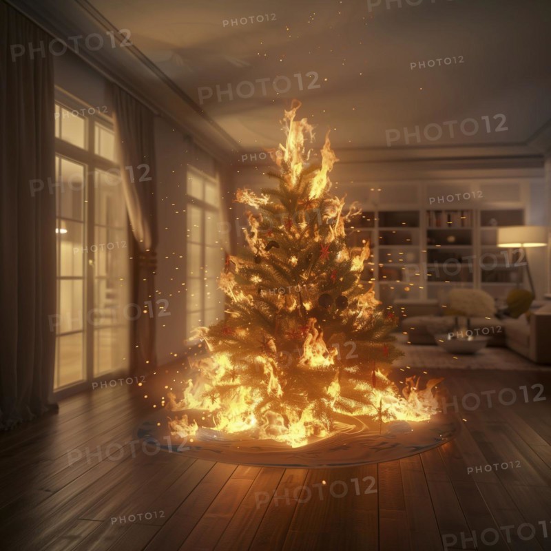 A Christmas tree burns completely in a dark living room, AI generated