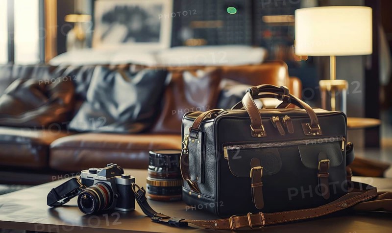 Leather bag on a table alongside photography equipment under a lamp AI generated