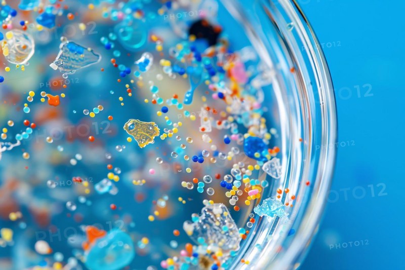 Close up of small micro plastic particles in petri dish. KI generiert, generiert, AI generated