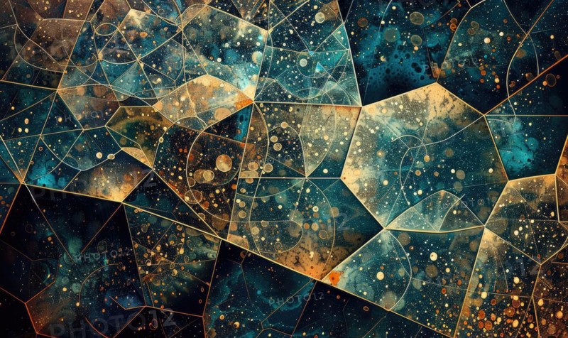 An abstract portrayal of geometric shapes and patterns against a starry sky with golden tones AI generated