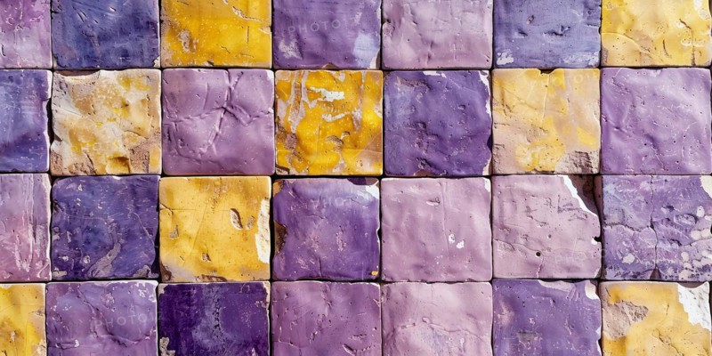 Wall with old square shaped purple and yellow stone cubes, AI generated