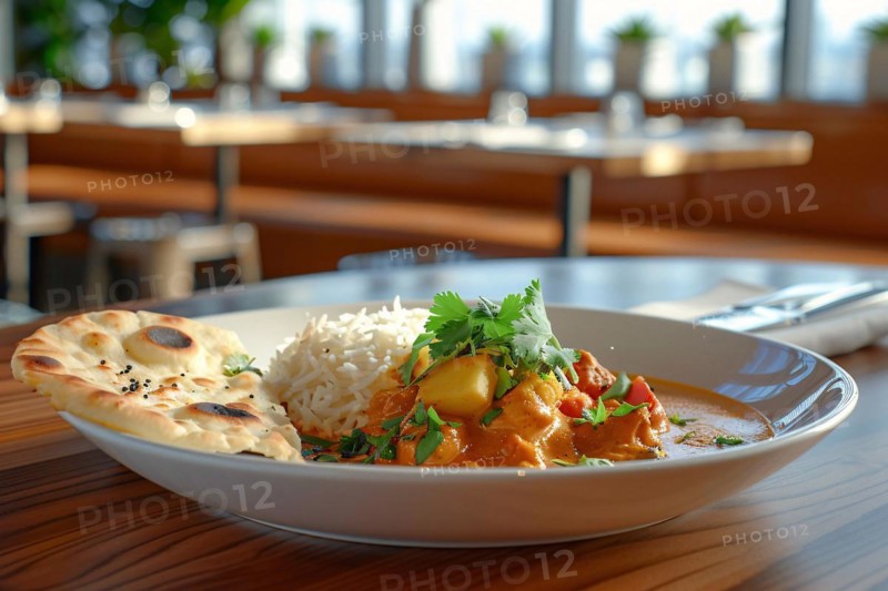 A comforting plate of Indian curry with rice and naan bread, garnished with cilantro, AI generated