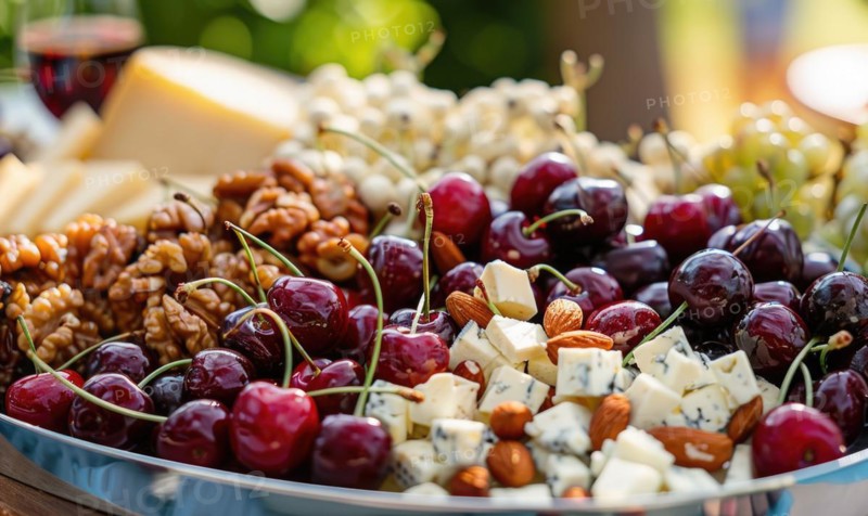 Ripe cherries arranged on a platter with cheese and nuts AI generated
