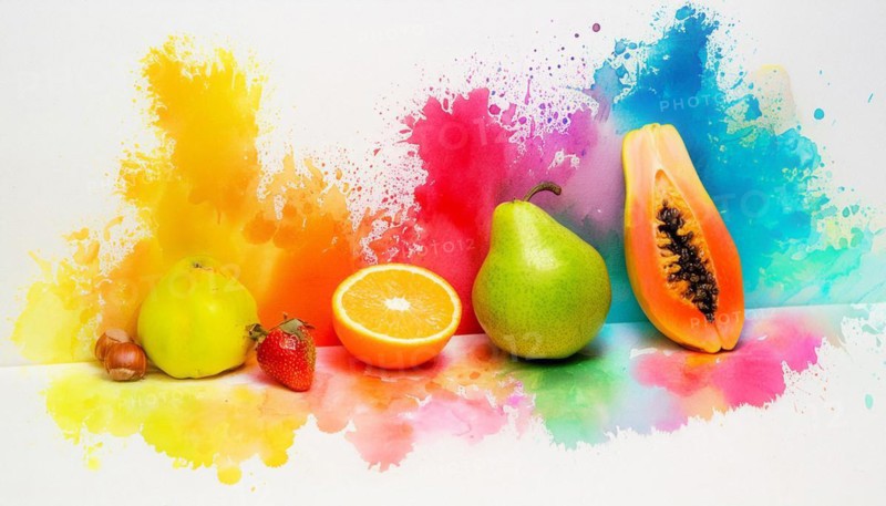 Variety of fruits on a watercolor paint background, artistic food presentation, horizontal, AI generated