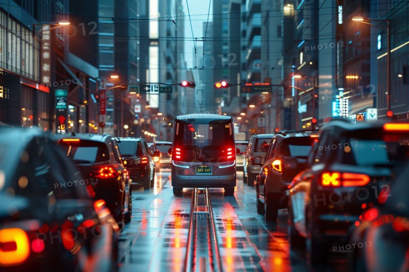 Tram among cars on a city street in the evening with glowing red tail lights, AI generated