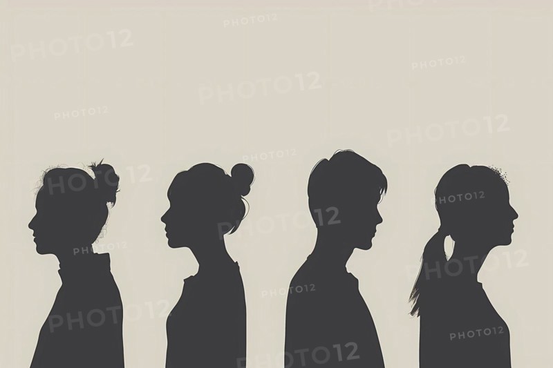 Four women in profile silhouettes against a beige background, evoking a mysterious elegance, illustration, AI generated