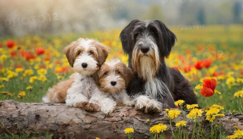 Ai generated, animal, animals, mammal, mammals, one, single animal, bobtail, (Canis lupus familiaris), dog, dogs, bitch, dog breed from England, three animals, one bitch and two puppies