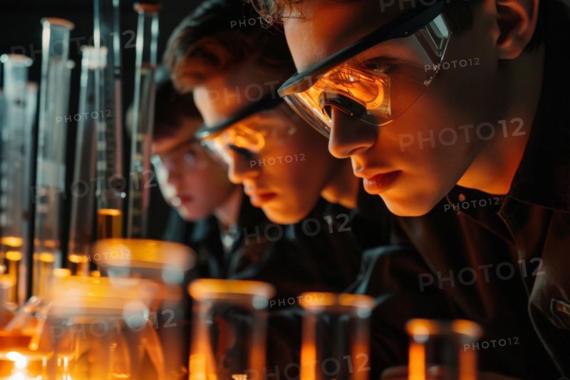 Pupils experimenting in a classroom with safety goggles, chemistry lessons, AI generated, AI generated, AI generated