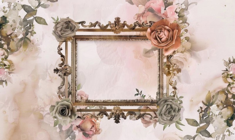 A gold frame with pink flowers on the wall. Abstract background with frame and space for text AI generated AI generated
