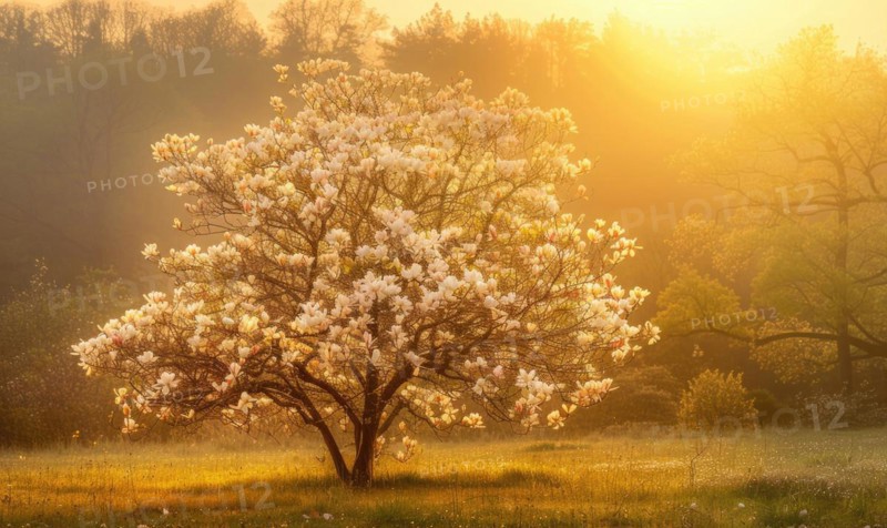 Magnolia tree in full bloom under the golden light of sunrise AI generated