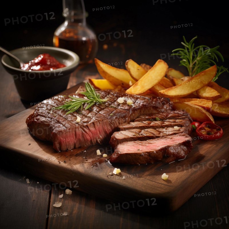 A succulent grilled steak, perfectly cooked and sliced, is presented with roasted potatoes, fresh tomatoes, and herbs. The dish is garnished with spices and accompanied by a sauce, showcasing a perfect meal for any meat lover, AI generated