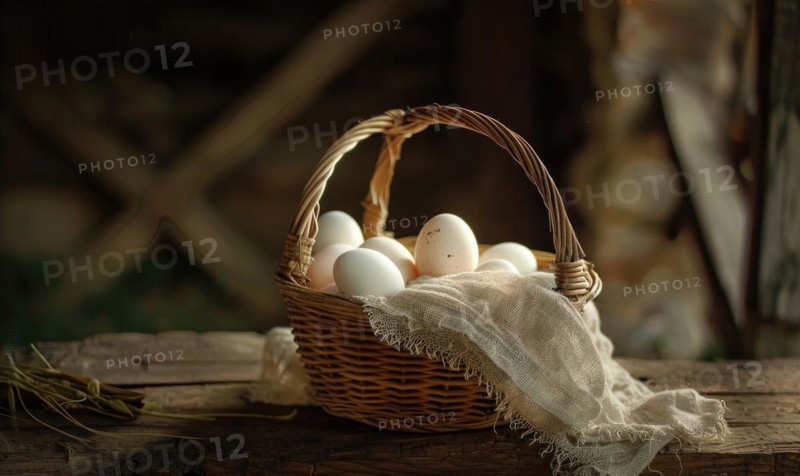 Eggs arranged in a wicker basket AI generated