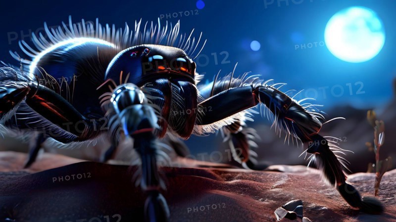 Tarantula hair textured in moonlight glow prowling through chihuahuan desert, AI generated