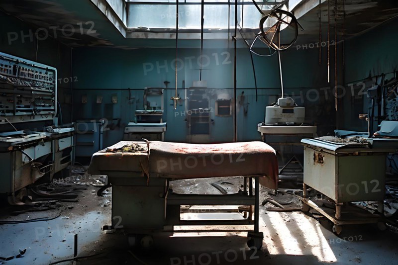 Deserted operating theater rusting surgical tools scattered on a surgical table, AI generated, hospital, damage, abandoned, ruin, decrepit
