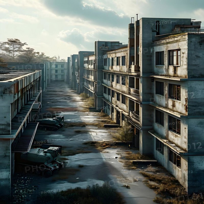 Deserted military base featuring empty barracks and abandoned tanks in silent, AI generated