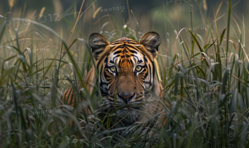 A Bengal tiger prowling through tall grass in its native habitat AI generated