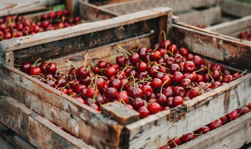 A vintage wooden crate filled to the brim with freshly harvested ripe cherries AI generated