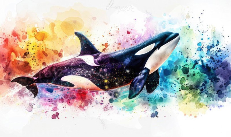 A watercolor depiction of an orca whale breaching the surface against a backdrop of vibrant ocean hues AI generated