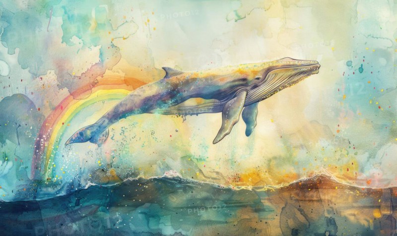 A watercolor artwork portraying a surreal scene of a whale leaping over a rainbow in a dreamlike setting AI generated