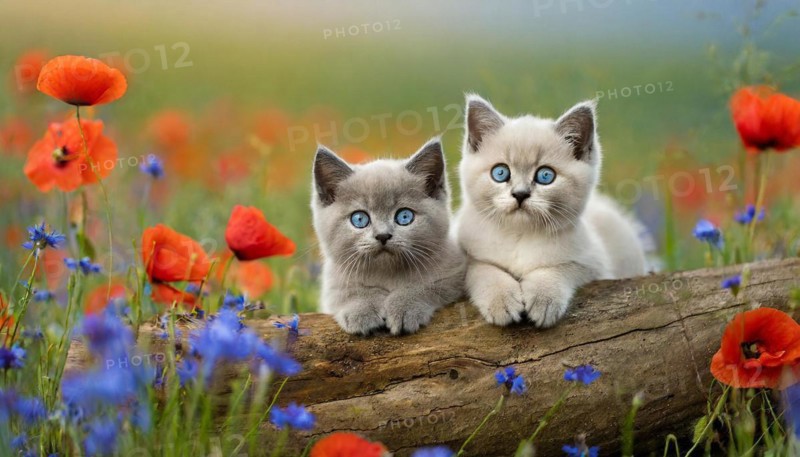 KI generated, animal, animals, mammal, mammals, cat, felidae (Felis catus), two kittens resting on a tree trunk, flower meadow, spring, summer