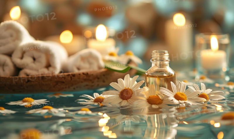 Chamomile essential oil in a dropper bottle, closeup view, skin care cosmetic background AI generated