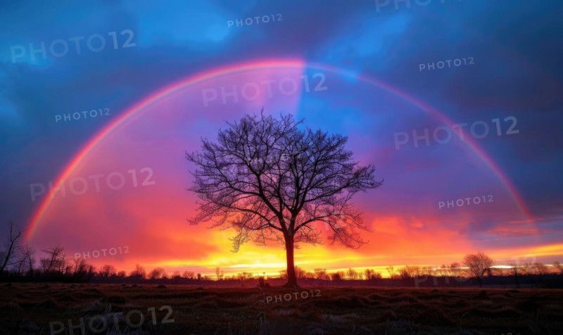 Colorful rainbow after spring rain, rainbow on dark cloudy sky AI generated