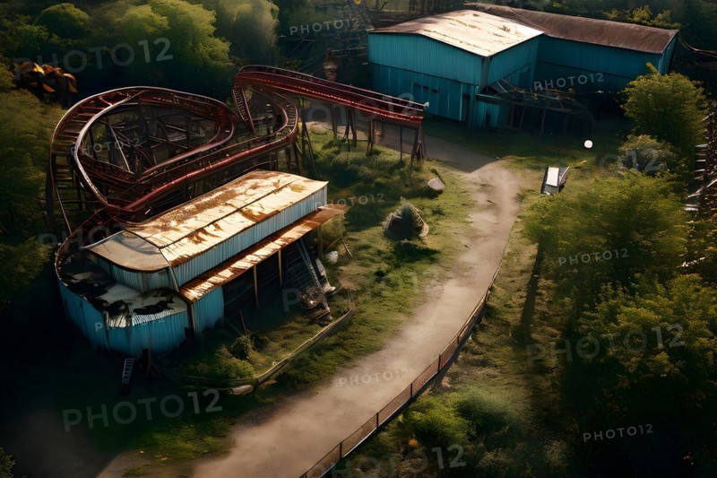 Aerial view of a bandoned amusement park overgrown with vegetation and rusting roller coasters, AI generated