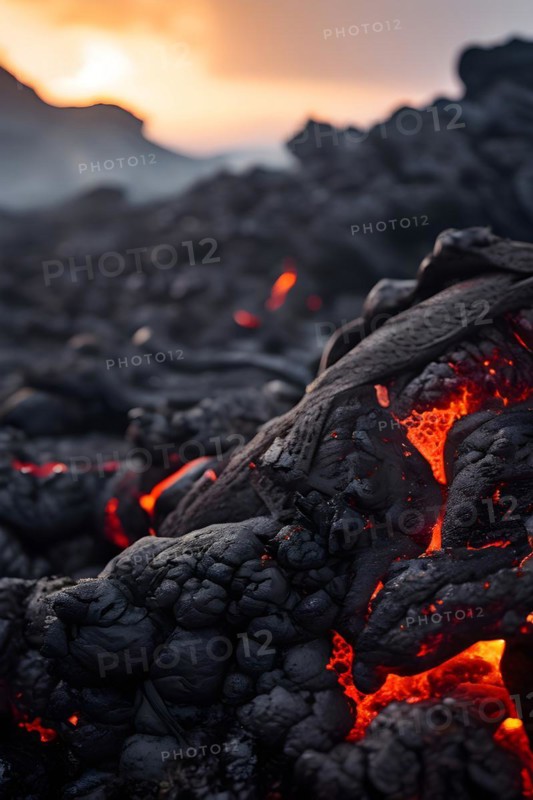 Lava destroying the personal belongings now encased in lava orash, AI generated