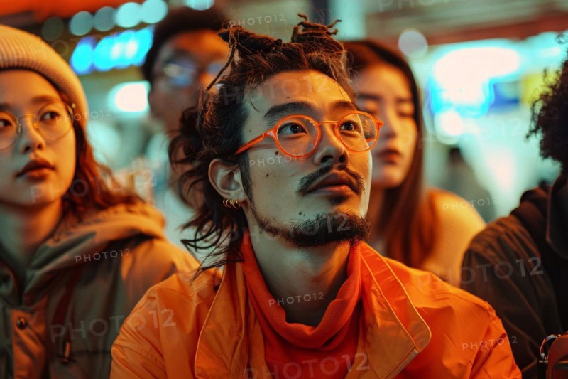 A man with distinctive glasses and mustache stands out in a nighttime crowd, AI generated