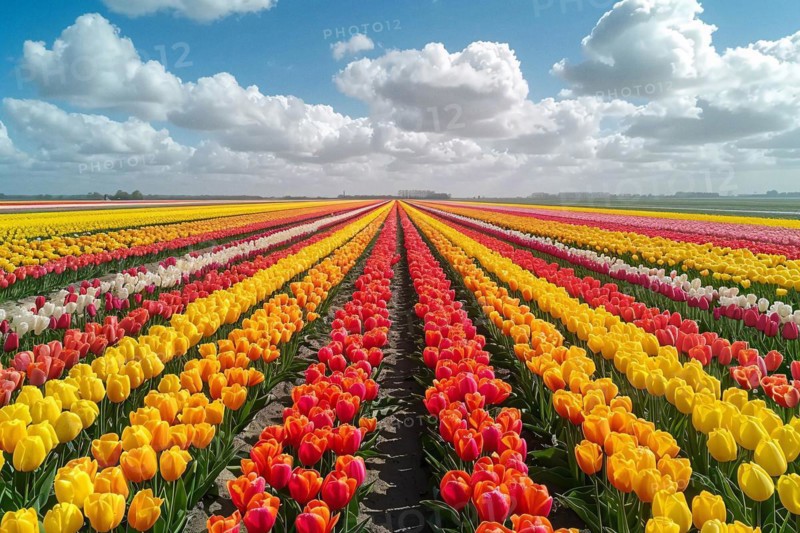 Dutch tulip field showcasing a stunning pattern of red and yellow flowers in symmetrical rows, AI generated