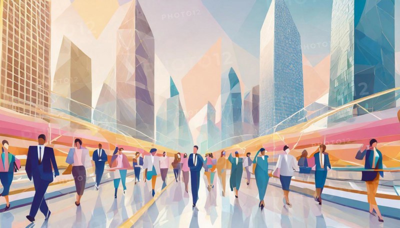 Illustration of a bustling crowd walking amongst high-rise buildings with a soft pastel palette, low poly style, AI generated