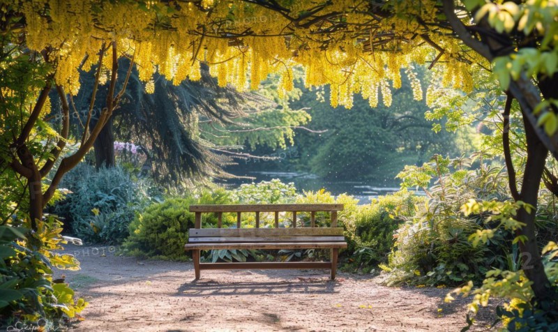 Laburnum branches arching over a garden bench AI generated