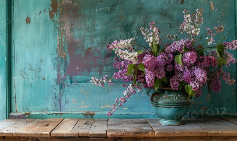 A bouquet of lilacs on a rustic farmhouse table AI generated