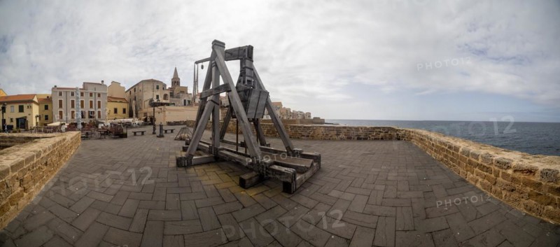 Old siege engine, fortress wall of Alghero, Sardinia, Italy, Europe
