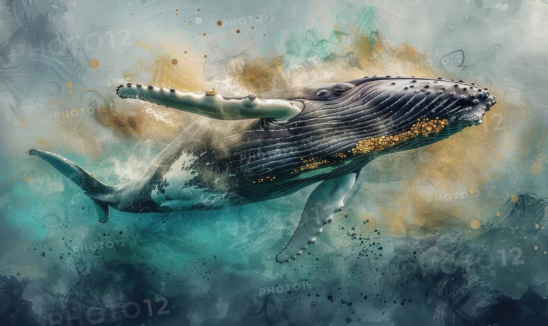Watercolor illustration of a humpback whale in the ocean AI generated