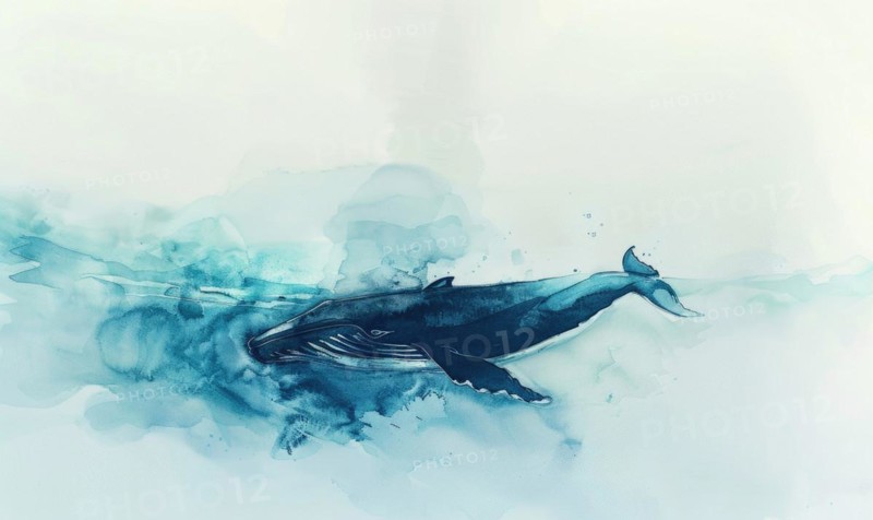 A peaceful watercolor painting of a whale diving into the depths of the ocean AI generated