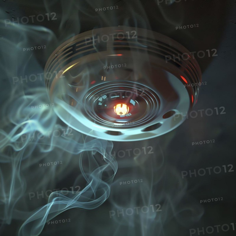 A smoke detector on the ceiling activates with visible smoke around it, AI generates, AI generated