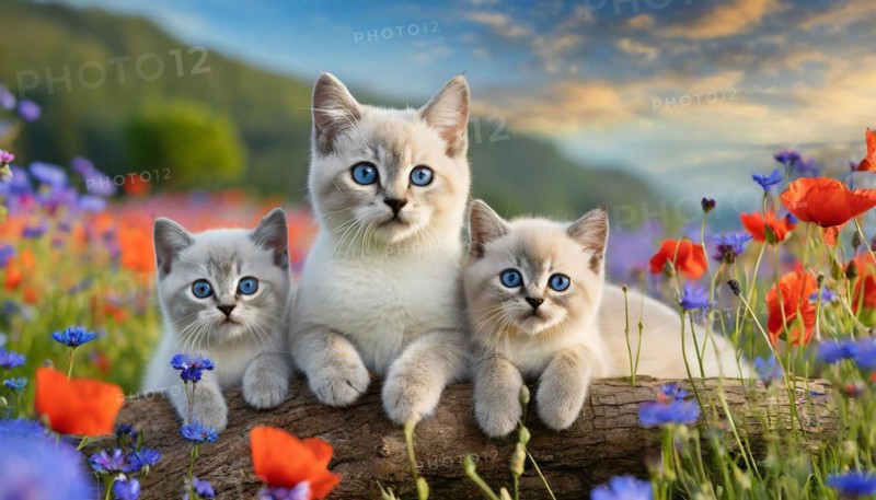 KI generated, animal, animals, mammal, mammals, cat, felidae (Felis catus), a cat and two kittens resting on a tree trunk, flower meadow, spring, summer
